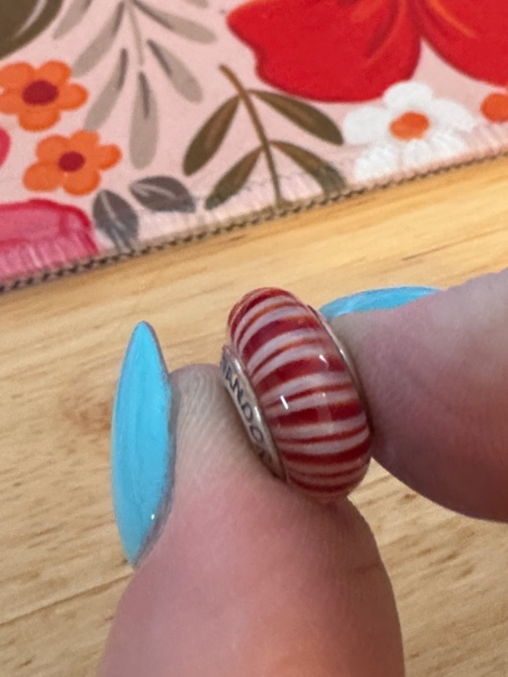 Pandora Red and White Striped Murano Glass Charm Bead with Silver Core